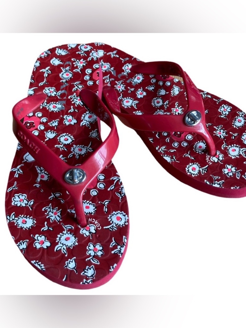 Coach Abbigail Red and White Floral Flip Flop Size 5/6